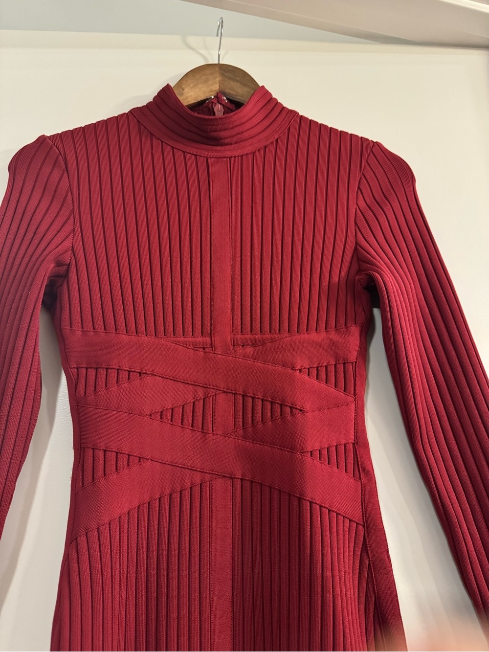 BCBG Max Azira Ribbed Long-Sleeve Mock Neck Dress in Deep Red
